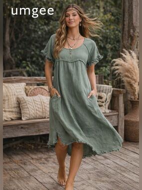 Umgee Linen Blend Boho Tunic Dress Raw Hem Coastal Oversized Sage,Shift Size L